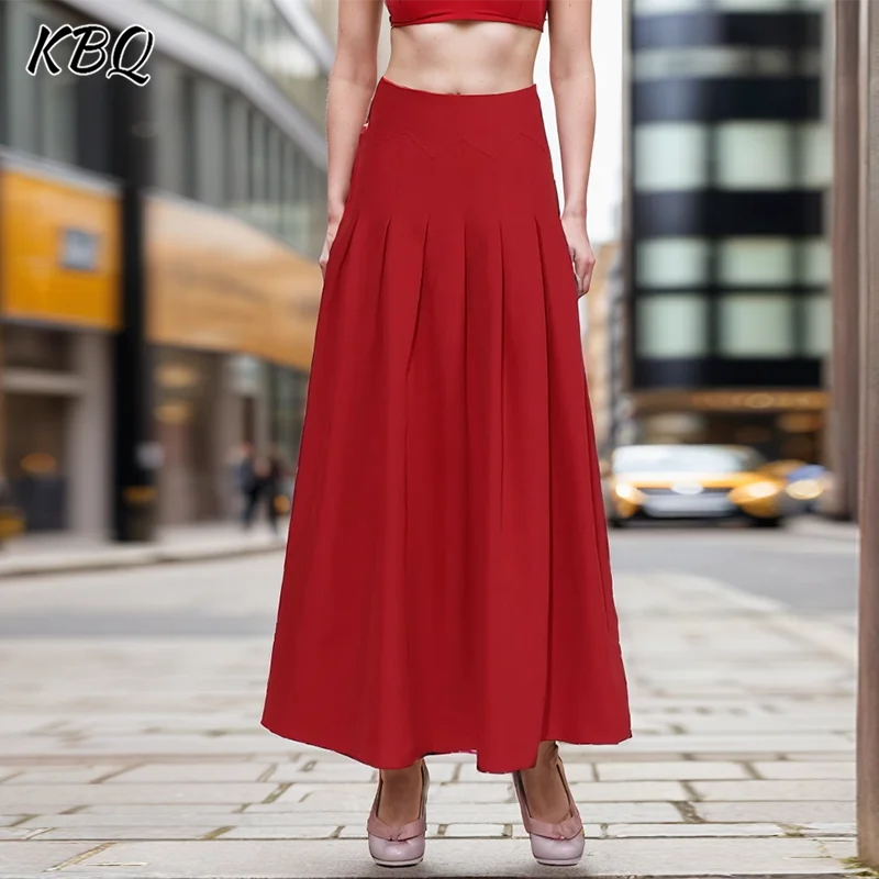 

KBQ Solid Minimalist Long Skirts For Women High Waist Patchwork Zipper Casual Loose Folds A Line Skirt Female Fashion Style New