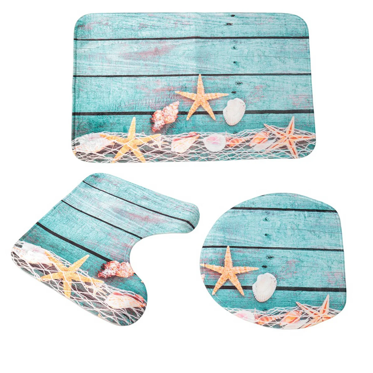 Beach Seashells Starfish Sand Bath Mat Holidays Summer Bathroom Carpet Rug Non-Slip 3 Piece Toilet Mat Set Starfish Floor