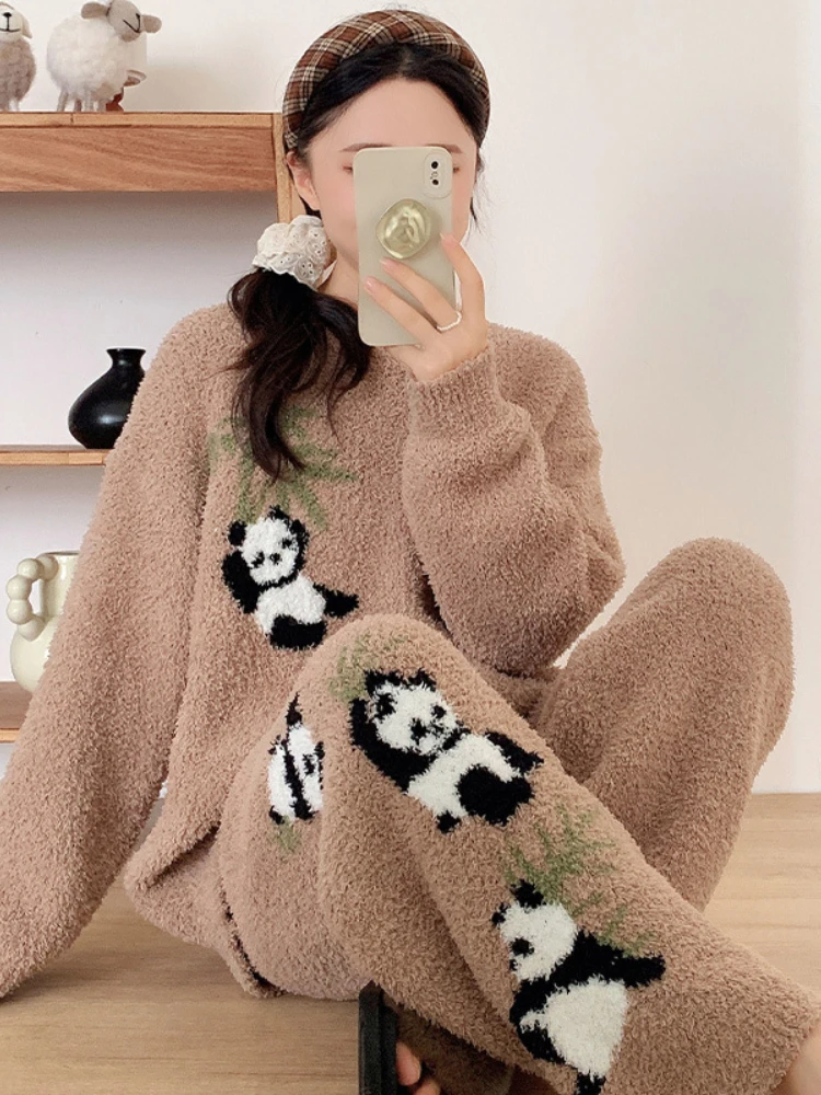 Autumn Winter New Pajamas Women's Half-Side Velvet Thickened Warm 2 Pieces Suit Panda Printed Coral Velvet Outwear Home Clothes