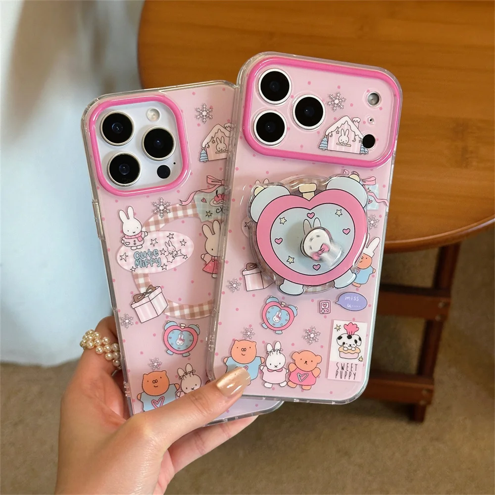 

Korea INS Cute Bear Magnetic Phone Case for iPhone 17 16 Pro Max 14 15 Fundas Love Rotate Rabbit For Magsafe Stand Protect Cover