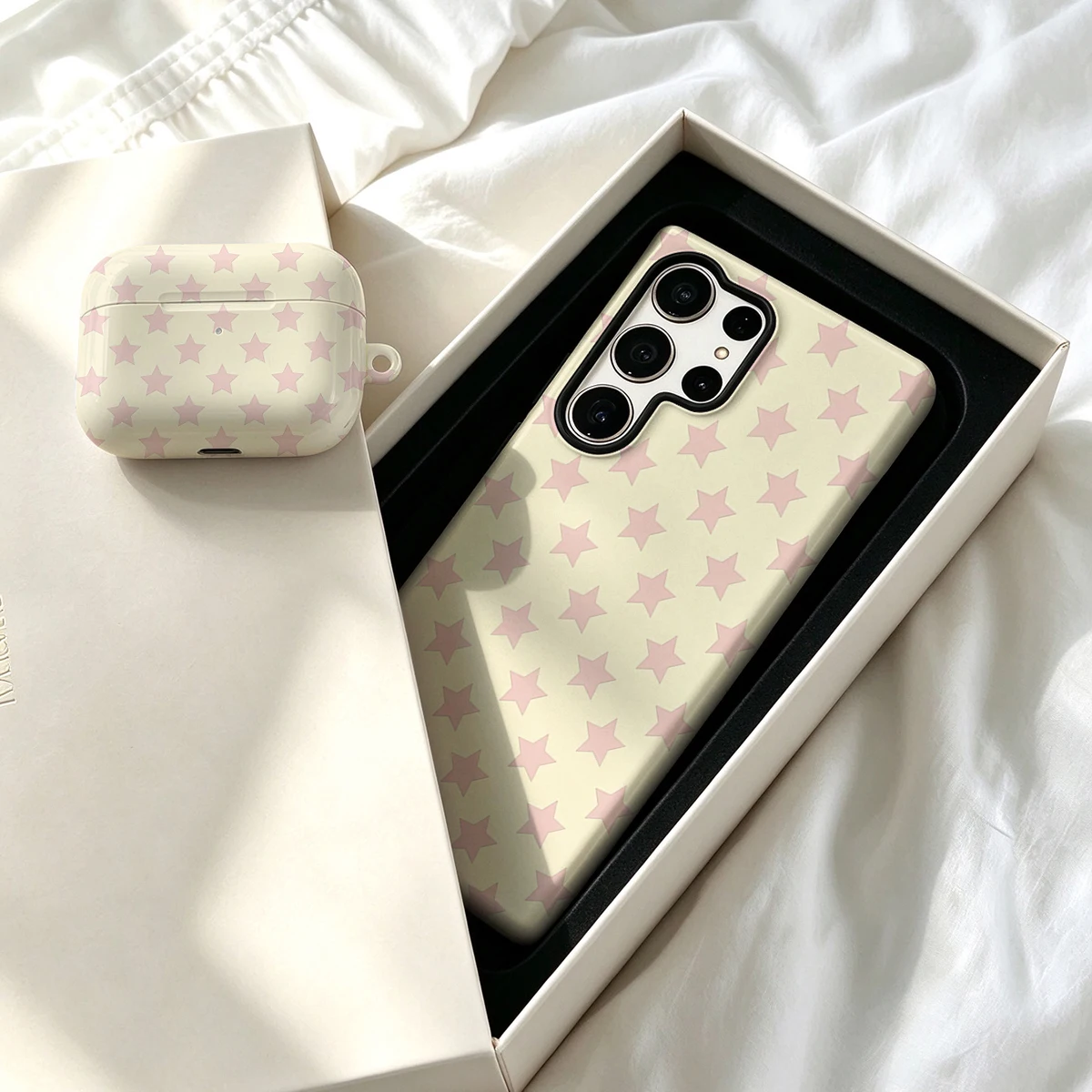 Pirve Phone Case For Samsung Galaxy S26 S25 Ultra S24 S23 Plus Shockproof Double Layer Tough Back Pink Stars Cream Cover