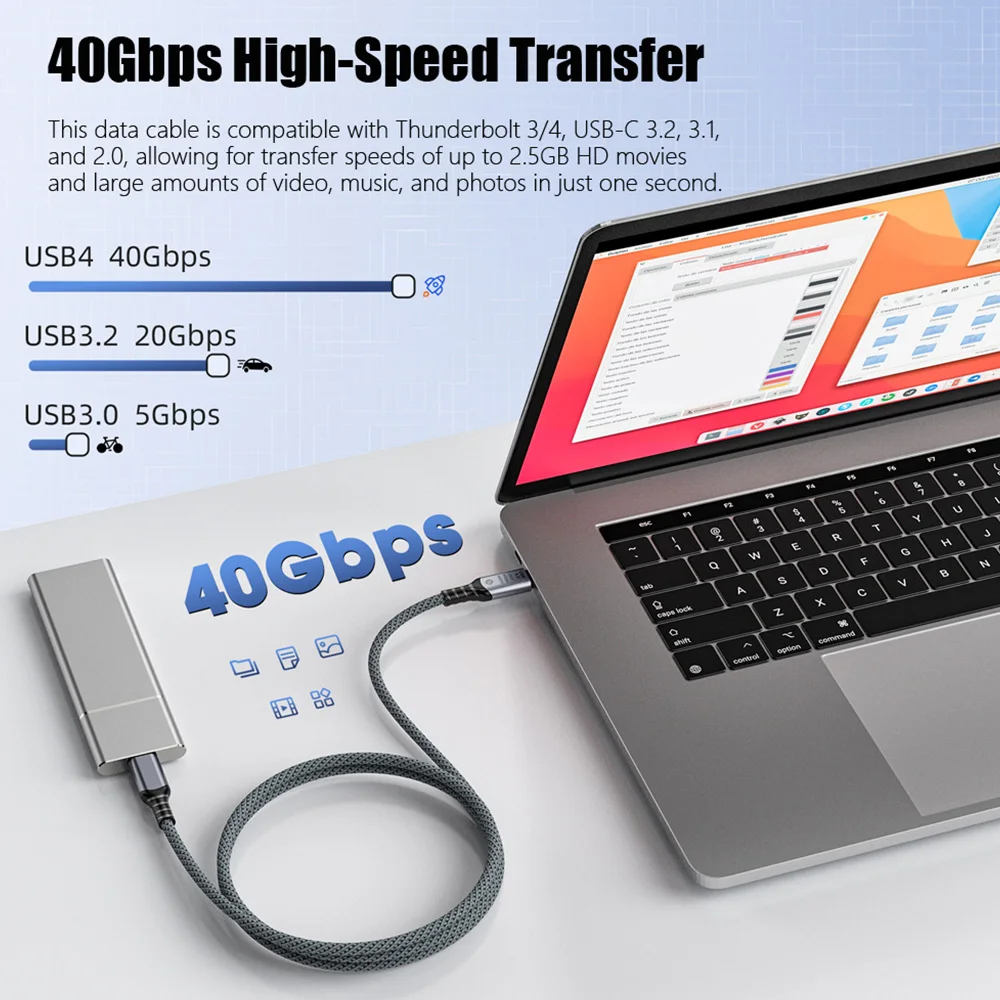 USB4.0 Cable 40Gbps Male to Female 240W Fast Charging 8K 60Hz For Thunderbolt 4 USB4.0 to USB C Data Transfer Cable For Laptops