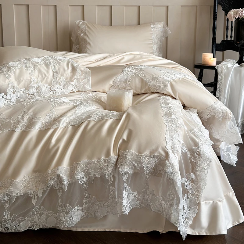 Romantic White Flowers Lace Princess Wedding Bedding Set 100S Egyptian Cotton Duvet Cover Flat/Fitted Bed Sheet Pillowcases 4Pcs