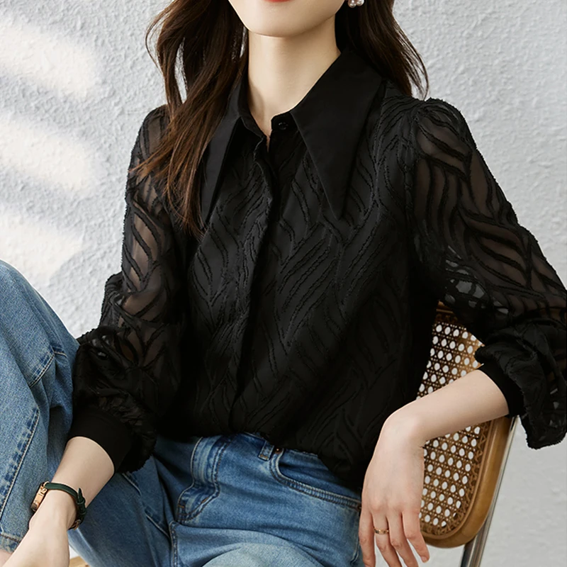 French Style Turn Down Collar Shirit Autumn New Korean Fashion Stitching Jacquard Long Sleeve Blouse Black Tops Clothes 28579