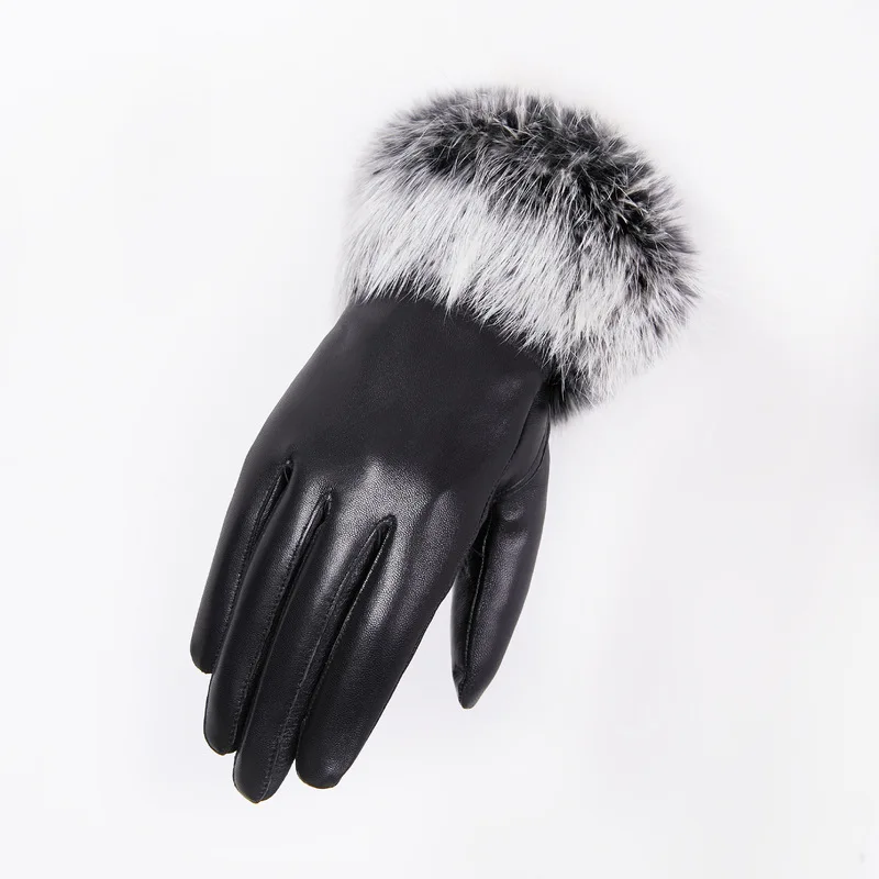 Women's Rabbit Fur Trimmed Genuine Leather Gloves for Winter Warmth, Cycling, and Driving