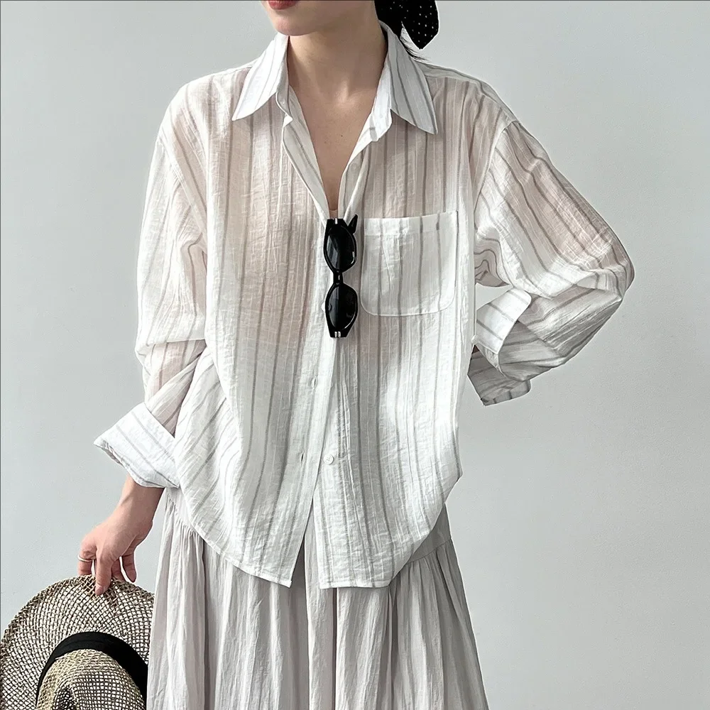 

Summer Slim Stripe Shirt for Women Simple Style Loose Fit Versatile Casual Blouse
