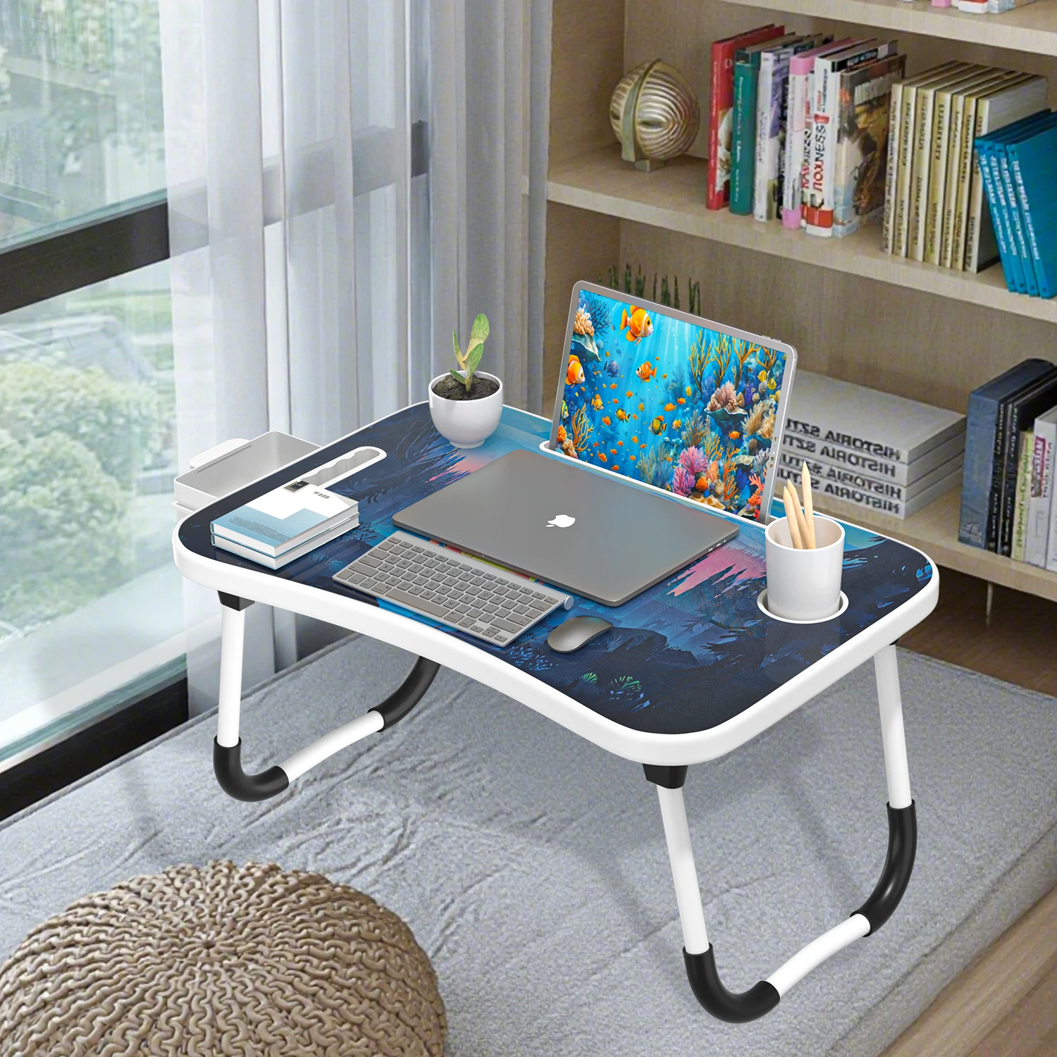 Extra-Large Multifunctional Folding Table, Portable Multi-Color Wooden Laptop Desk with Cup Holder, Ideal for Work and Reading