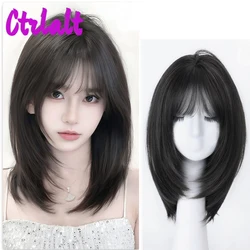 Shoulder Black Brown Layered Synthetic Natural Hair Wigs For Women Body Wave Daily Women's Wig with Curtain Bangs Heat Resistant