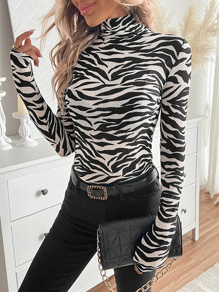 

BKLD Long Sleeve Tops 2025 New Fashion Women Clothing Zebra Printed Turtleneck Mesh Slim Fit T-Shirts Sexy Tops Streetwear