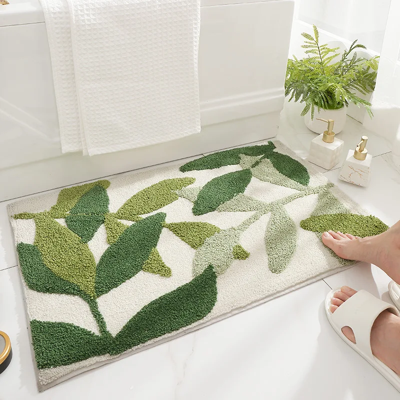 QNBHR Green Leaves Flocking Bath Mat Non-slip Absorbent Microfiber Bathroom Rug Home Entrance Door Mat Super Soft Bath Carpet