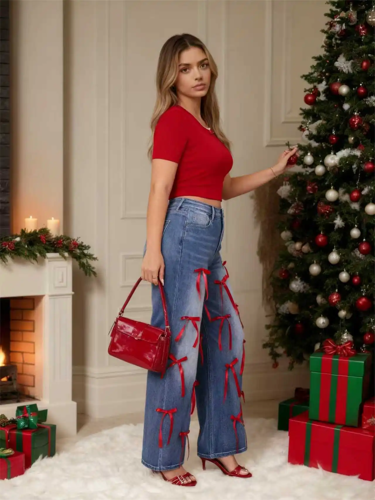 クリスマス限定版のレディースオーバーサイズワイドレッグジーンズ、赤いリボン装飾付き、高伸縮性、洗濯機で洗える、春用