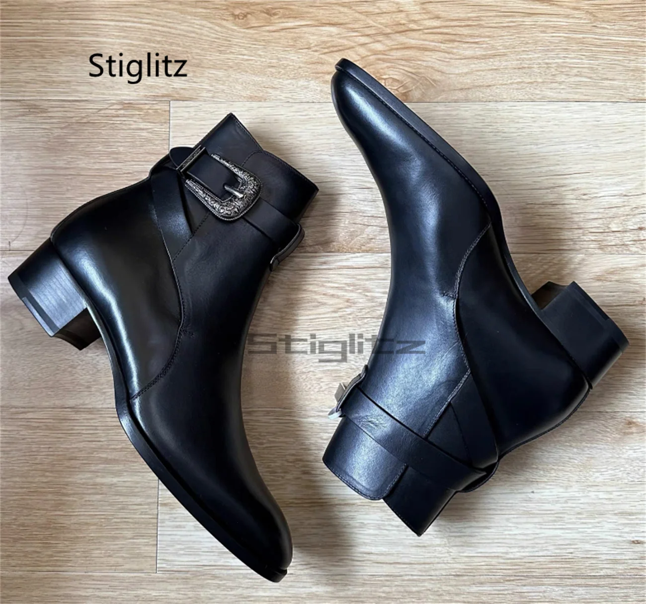 Botas Chelsea con Hebilla para Hombre, de Piel Vacuna Auténtica, Tacón Medio, Punta Puntiaguda, Cierre de Cremallera, Botas de Tobillo Hechas a Mano, Zapatos de Negocios de Cuero Genuino