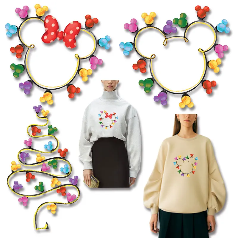 

Mickey Mouse head decorated with Christmas lights Vinyl Sticker For Clothes heart iron on patch DIY decoration