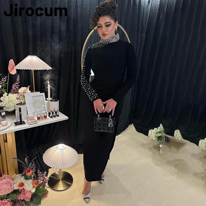 

Jirocum Elegant Mermaid Evening Gowns Women's High Neck Crystal Black Party Prom Gown Ankle Length 2025 Special Occasion Dress