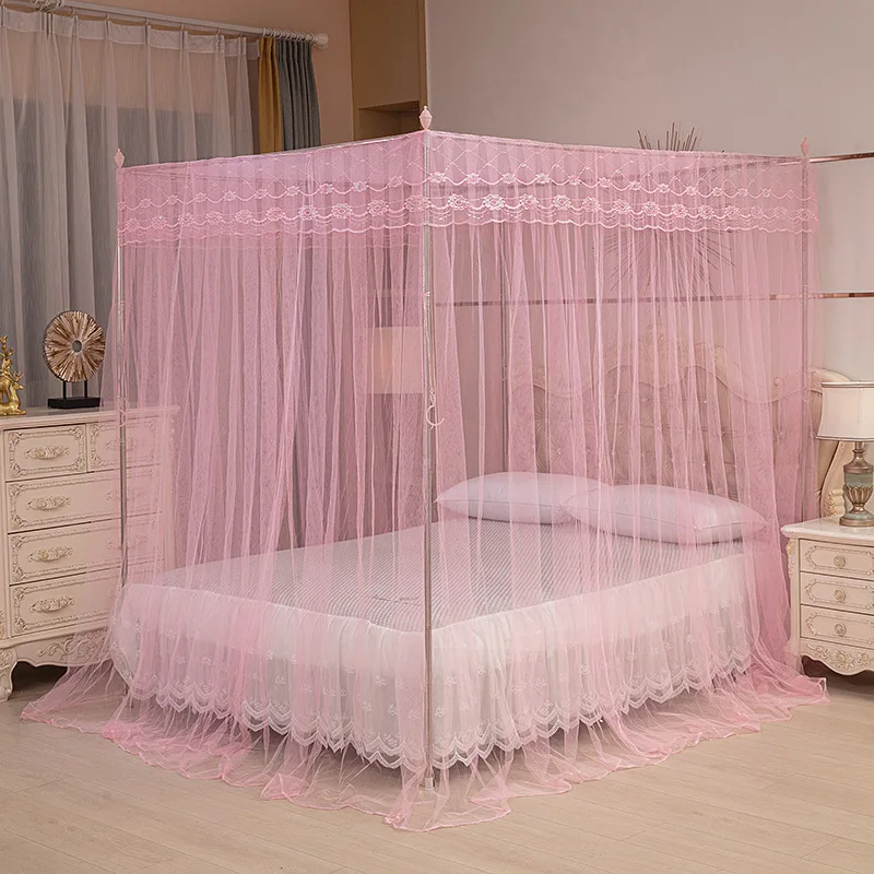 Lace Mosquito Net 4 Corner 3 Side Openings Post Bed Curtain Princess Canopy Netting Bedding Bed Curtains No Bracket view 3