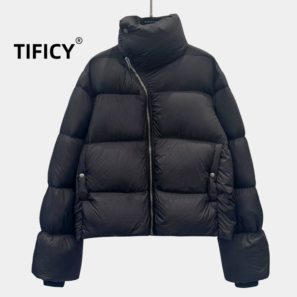Veste en duvet d'oie de Style Ro foncé pour femmes, col montant et fermeture éclair diagonale, nouvelle veste minimaliste rétro en duvet d'oie
