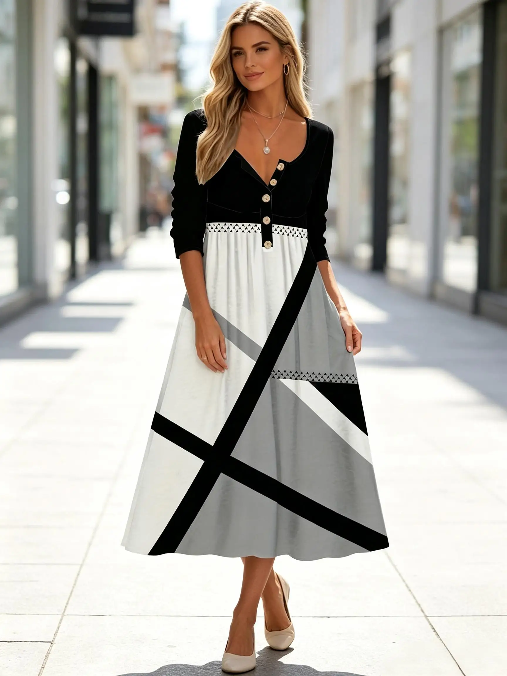 Damen-Midikleid mit 3/4-Ärmeln, farbblockiertem geometrischem Muster, V-Ausschnitt, Knopfleiste vorne, A-Linien-Schnitt, langes Kleid mit Taschen. – Detail 4