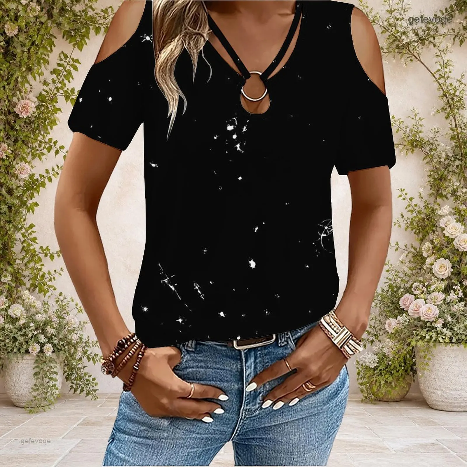 Women Cold Shoulder Short Sleeve T Shirt V Neck O Ring Keyhole Cutout Loose Casual Top Custom Print Ladies Daily Blouse - view 3