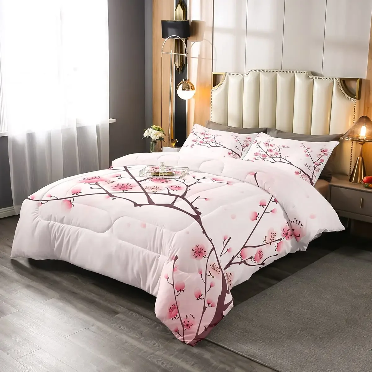 Japanese Duvet Cover Set, Sakura Tree Flowers Cherry Blossoms Spring Theme Art, Decor 3 Piece Bedding Set with 2 Pillow Shams