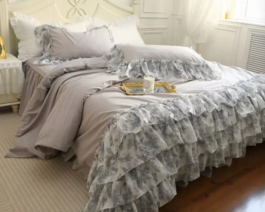 French elegant fairyfair ruffle floral bed set,full queen king princess cotton home textile bedspread pillow case quilt cover