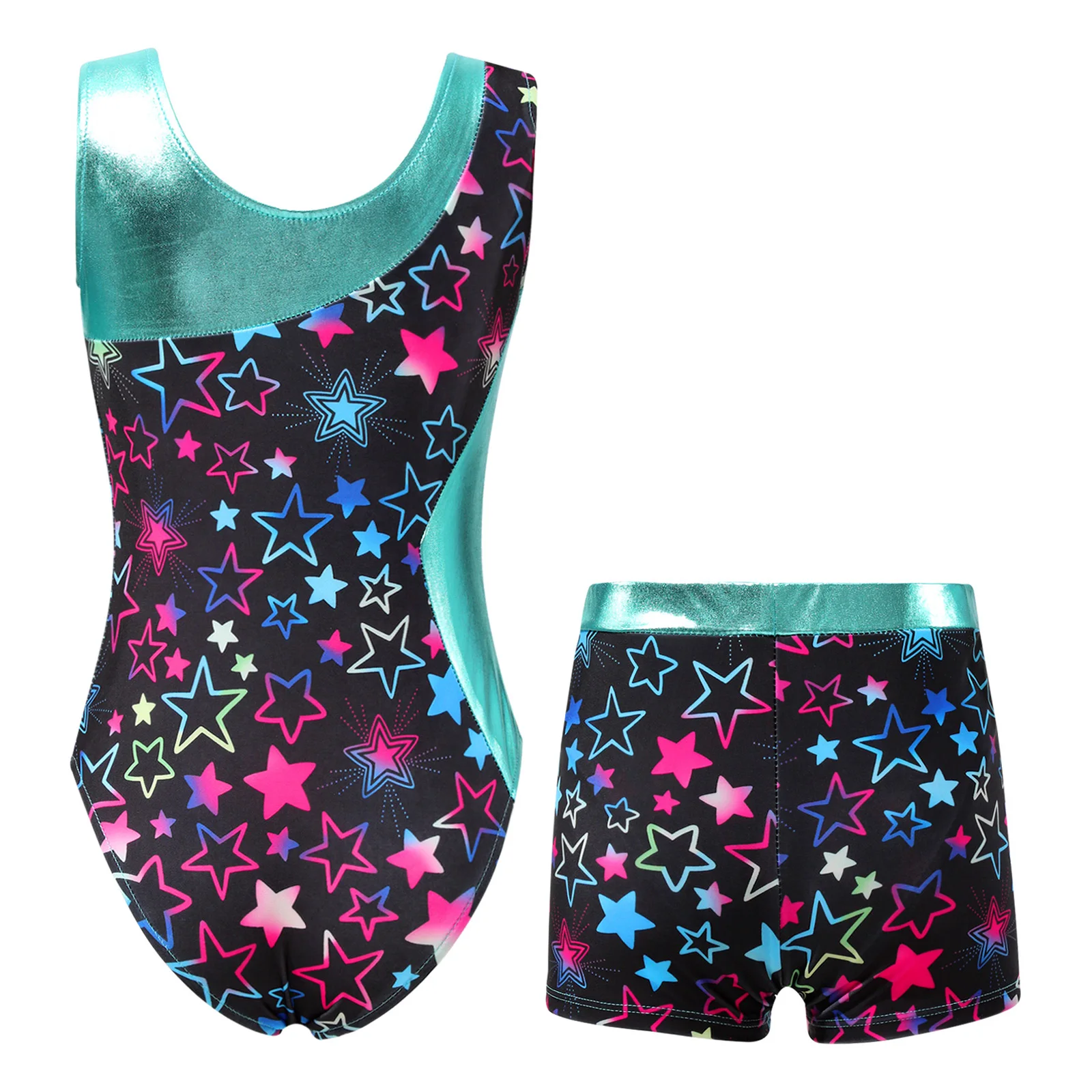 Bambini ragazze balletto ginnastica body body abbronzante senza maniche balletto danza Set allenamento pattinaggio artistico Unitard + pantaloncini Outfit