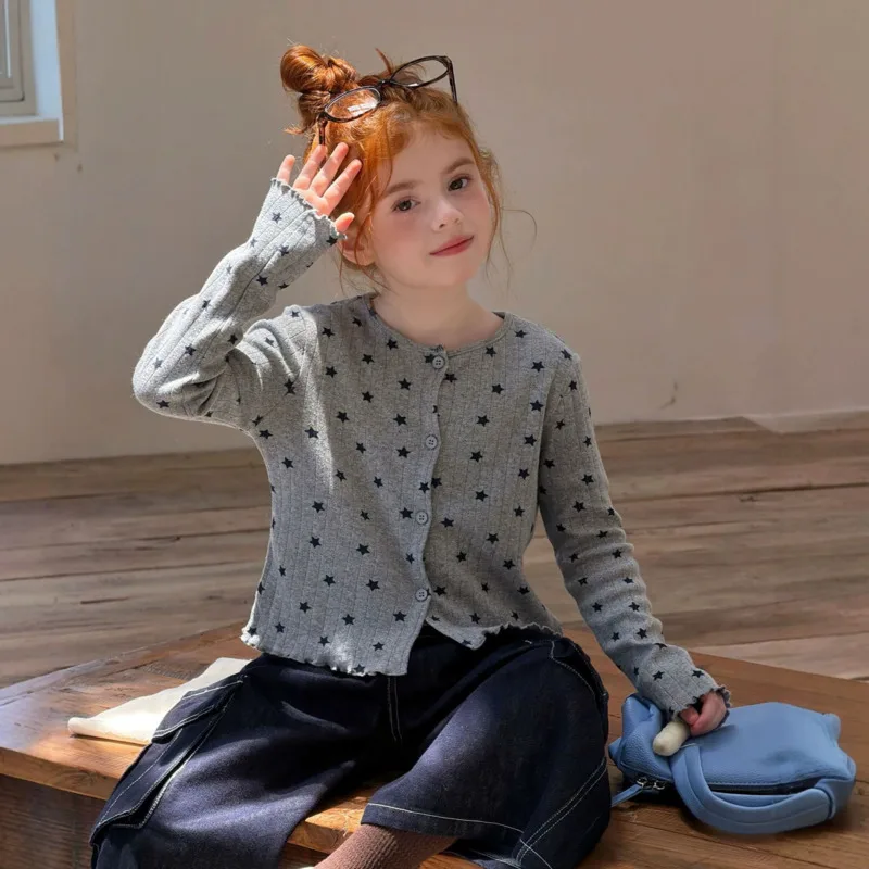 Gitl Toddler Cotton Knit Cardigan Coat Jacket 26 Autumn Winter Star Print Warm Soft Children Clothes 3-12 Years Top Outfit