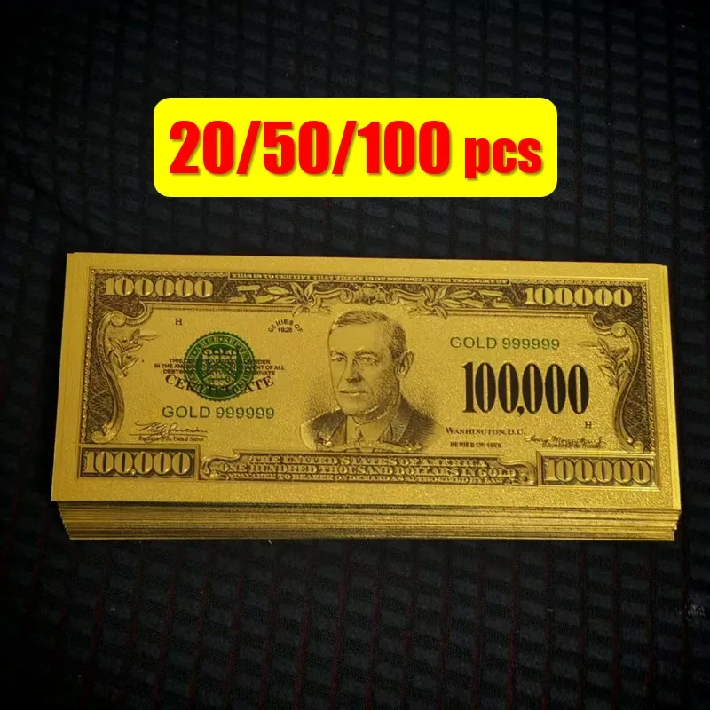 

20~100pcs 24K Gold Banknotes US Dollars Bills 100000 Dollars Colorful Gold Banknote World Paper Money For Collection
