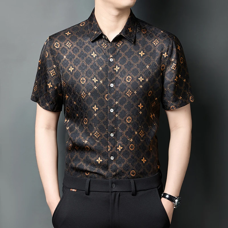 

HT8806 Amazing Silky Luxury Shirts For Men Short Sleeved Coolness Summer Quality Soft Comfortable Viscose 100% Camisas De Hombre