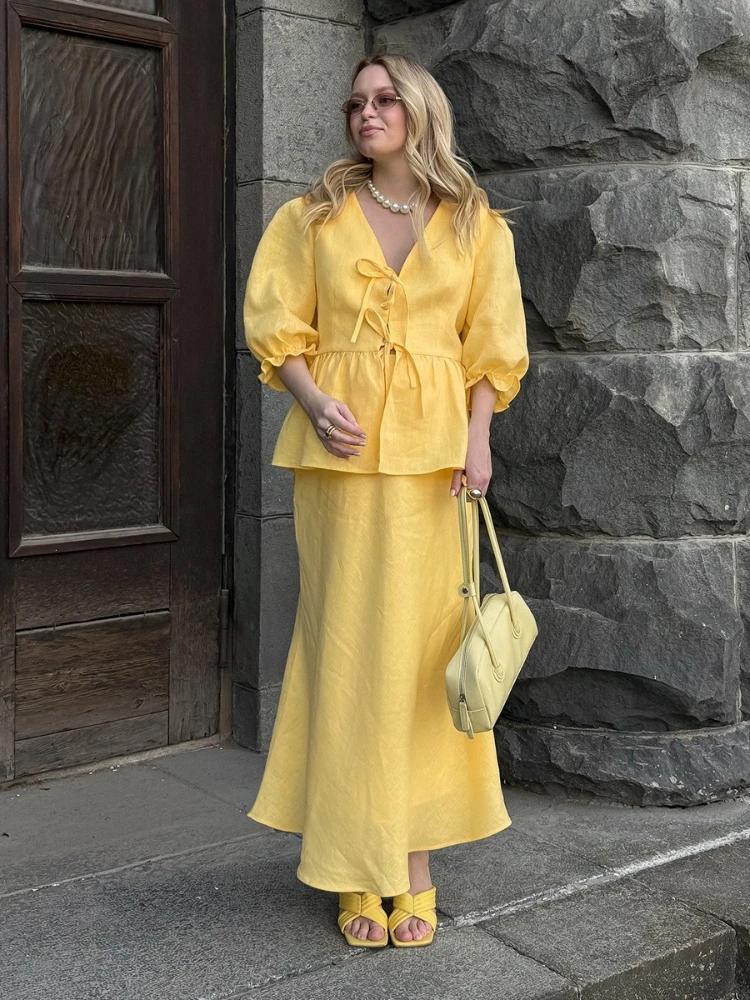 Womens 2026 Yellow Two Piece Set V Neck Puff Sleeve Tie Top High Waist Maxi Skirt Summer Vacation Matching Suit for Ladies