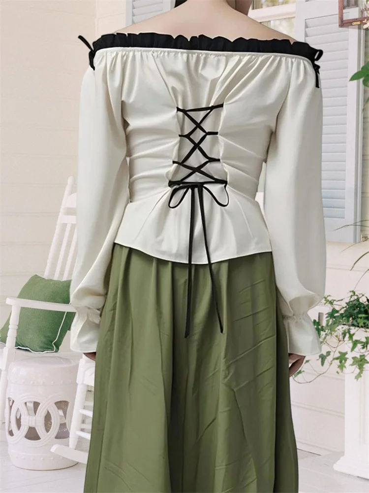 

ХРОНСТЯЛЬ, лоскутные рубашки с оборками и отделкой, топ для женщин, блузки с разрезом на шее и открытыми плечами, длинные расклешенные рукава сзади, блузки с завязками крест-накрест