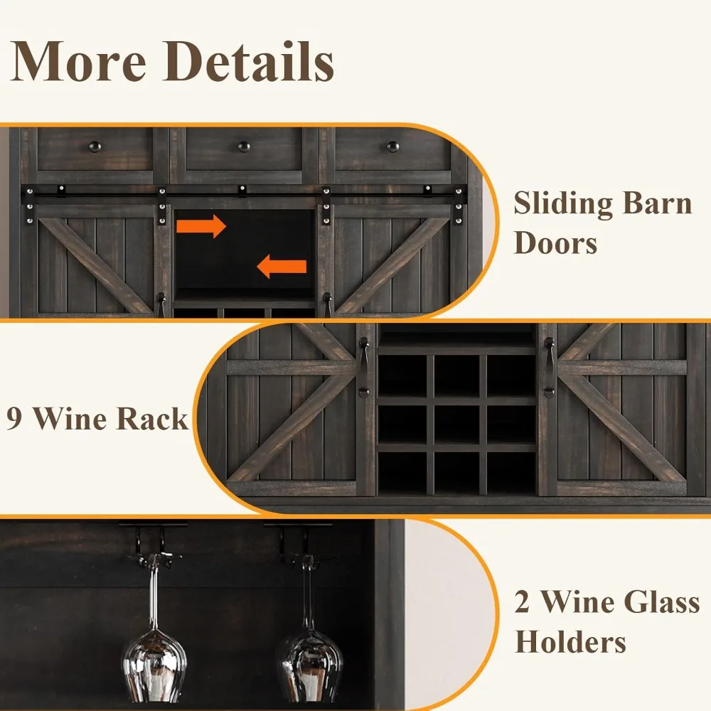 72 Armadietto da bar con anta scorrevole per fienile e portabottiglie, mobile con cassettiera con contenitore e 3 cassetti, Farmhouse Cof