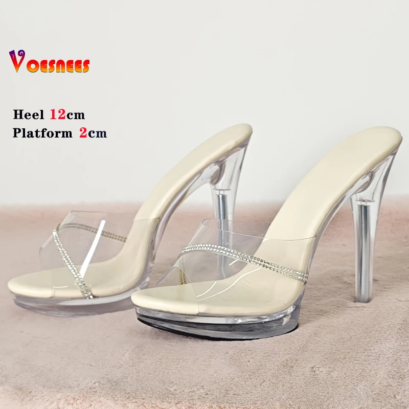 Transparent Slippers Ladies Clear PVC High Heeled Slippers Open Toe Daily Woman Sandals 12cm Sexy Show Crystal Shoes High Heels