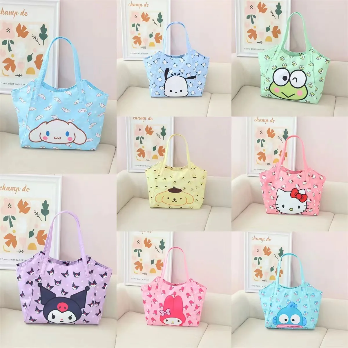 

Sanrio Kuromi Hellokitty My Melody Cinnamoroll Pochacco Pompom Purin one-shoulder oxford cloth large-capacity commuter tote bag