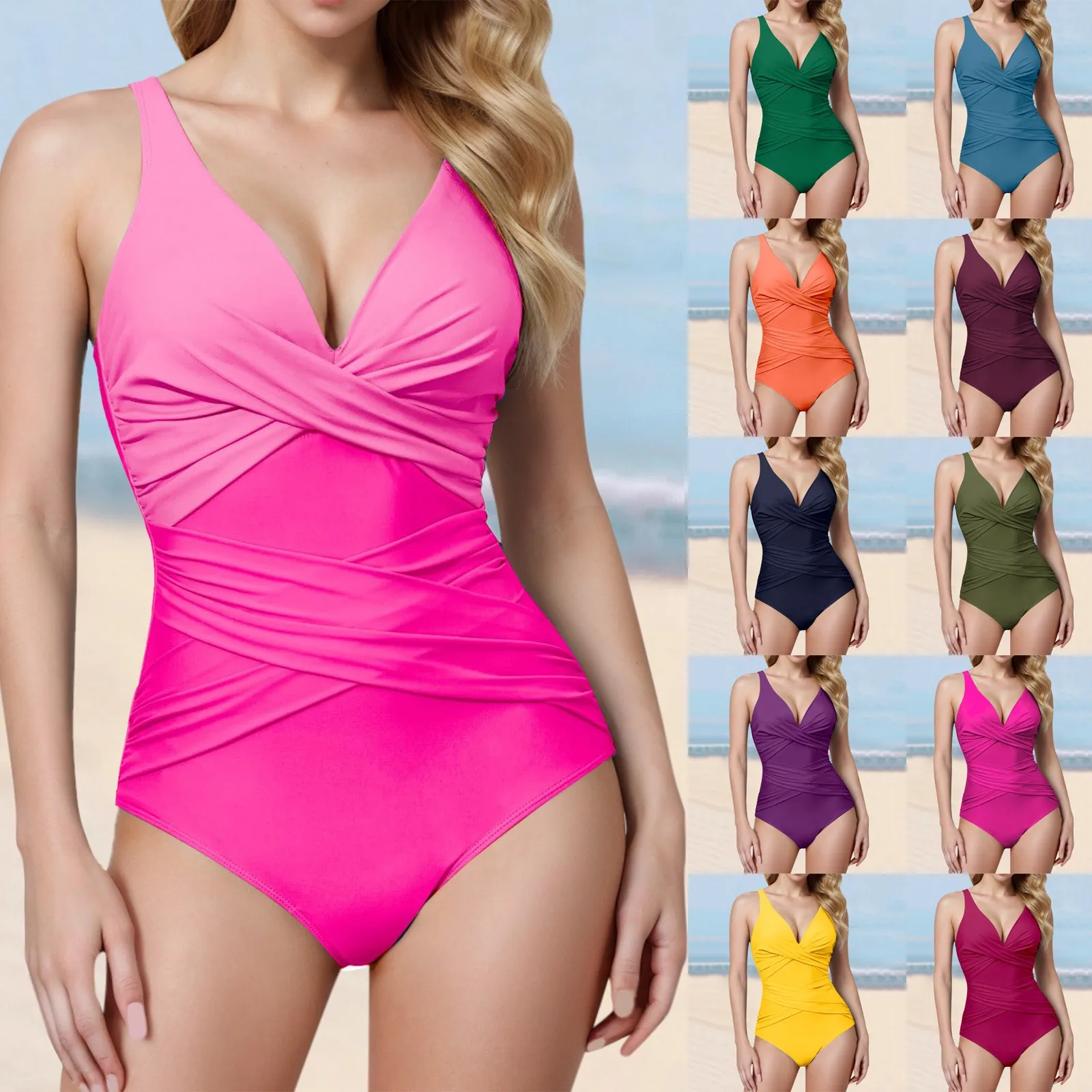 Women\'S New Solid Color Sexy One-Piece Swimsuit V-Neck Pleated Gathering Swimsuit Seaside Beachwear Slim Shape Swimsuit