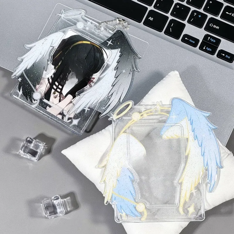Glitter Double Wing Angel PVC 3 Inch Photocard Holder Storage Case Polaroid Idol Photo Display Bag Pendant Charm