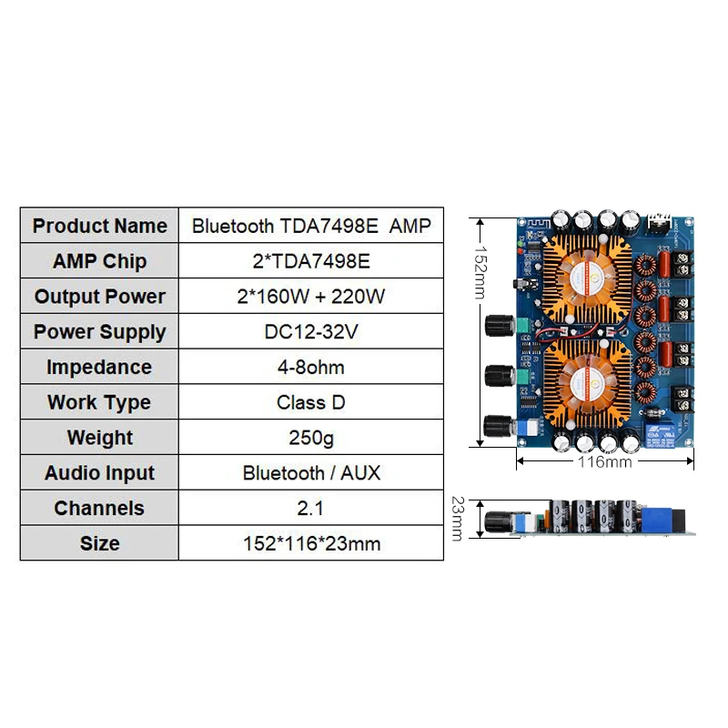 New TDA7498E 2*160W+220W Bluetooth 5.0 Power Subwoofer Amplifier Board 2.1 Channel Class D Home Theater Audio Stereo Equalizer