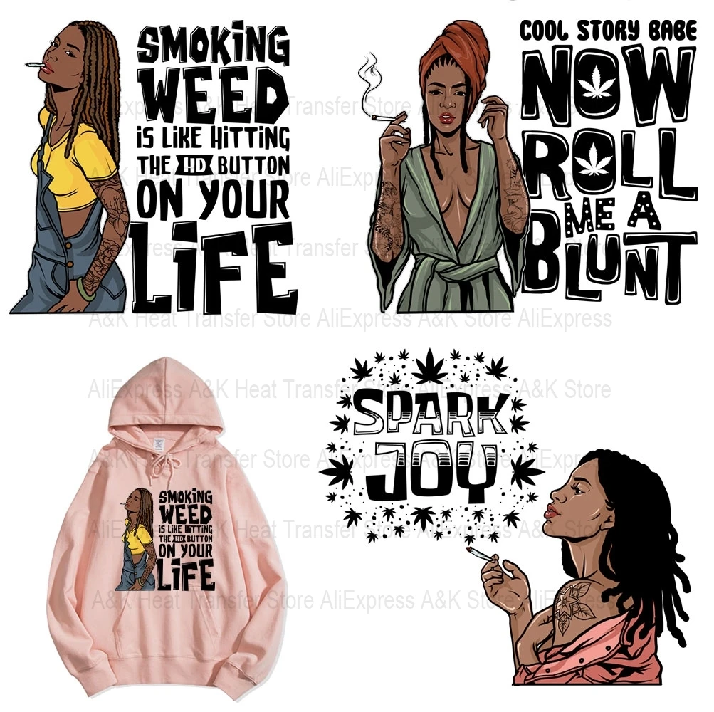 Cool Girl Somke Weed Patches for Clothes Heat Transfer Thermal Stickers DIY T shirt Iron on for Woman Jackets Cool Appliqued