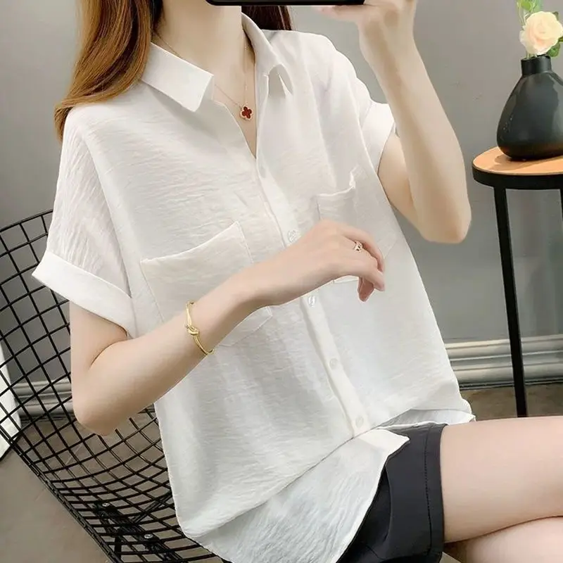 Female Clothing Commute Solid Color All-match Shirt Casual Single-breasted Summer Fashion Pockets Patchwork Polo-Neck Blouse New