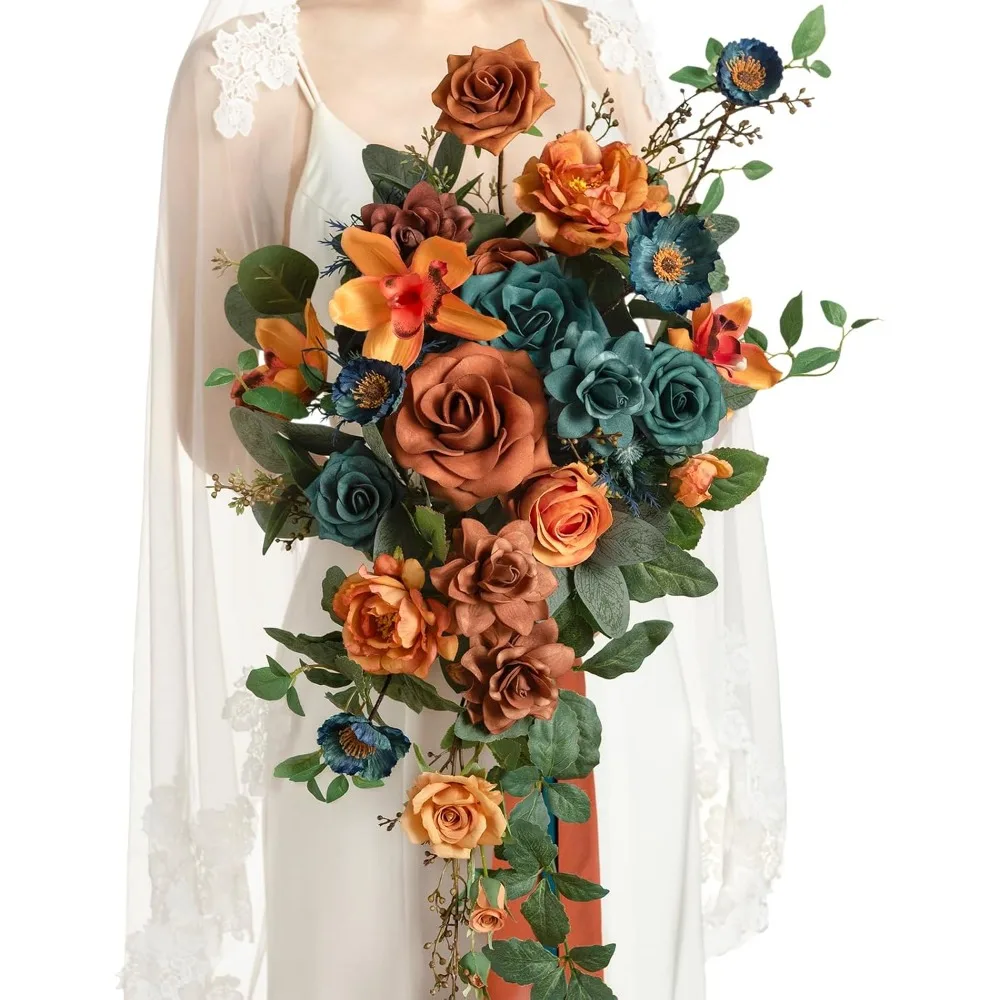 

moment Teal Bridal Bouquet Cascading, Burnt Orange Wedding Bouquets for Bride, 13 Inch Terracotta Rust Fall Artificial