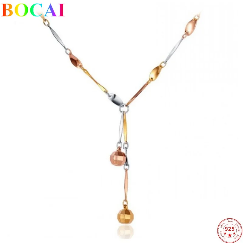 

BOCAI S925 Sterling Silver Necklaces Fashion Women's Three Color Thai Silver Personality Pure Argentum Neck Chain Jewelry