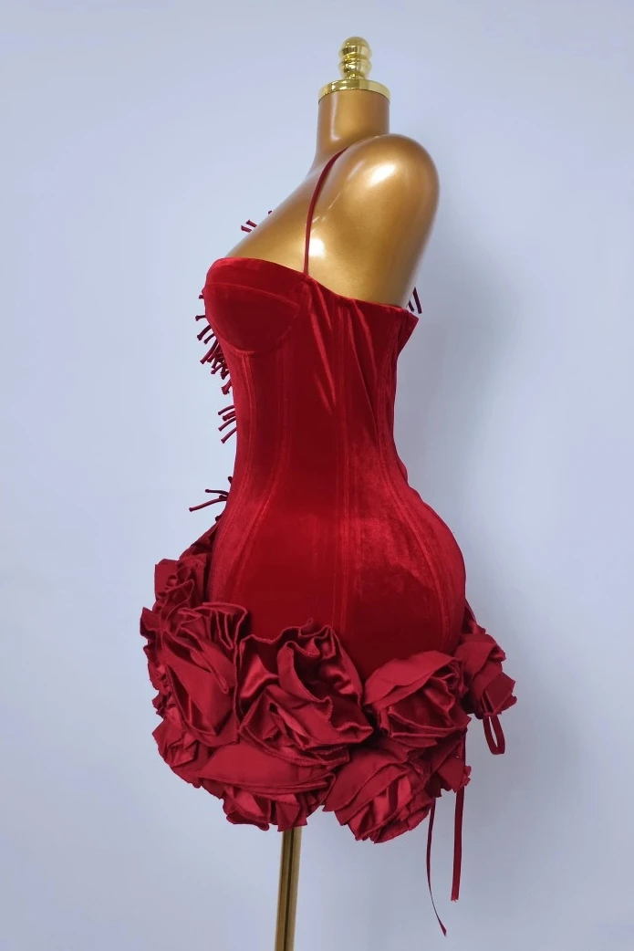 Womens Brithday Evening Dress Red Black Flower Festival Prom Dresses 2025 Summer New Sexy Strapless Halter Cocktail Party Dress