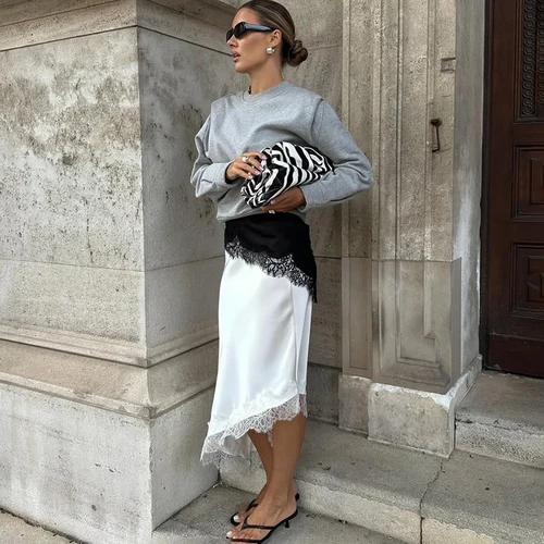 Imagen 2 del producto Falda de empalme de encaje Tornova para mujer, faldas largas irregulares de cintura alta a la moda, falda de fiesta de desplazamiento delgada elegante de satén para mujer