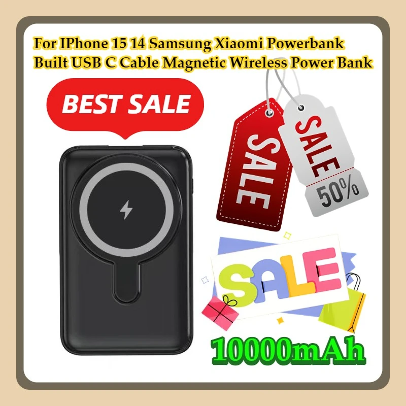 

For IPhone 15 14 Samsung Xiaomi Powerbank Built USB C Cable 10000mAh Magnetic Wireless Power Bank