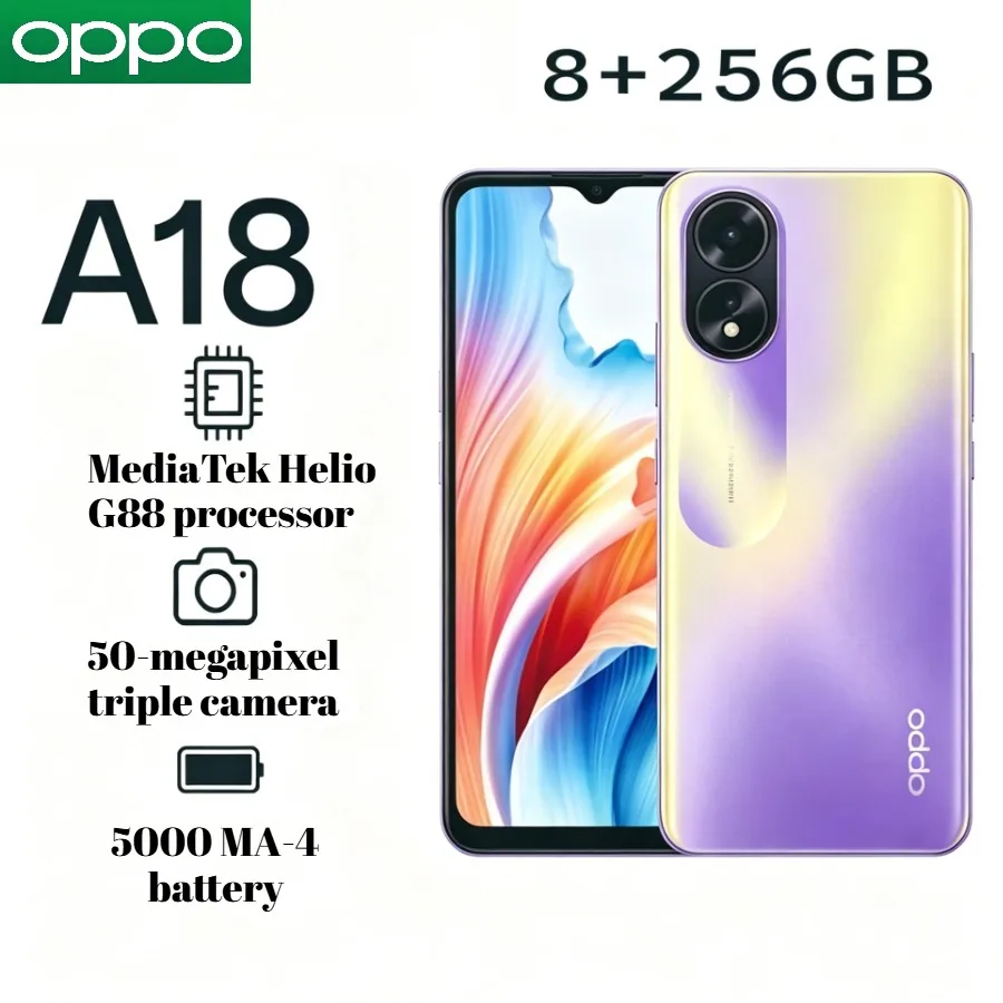 2026 Latest Version Global OPPO A18 Android 13 Phone Helio G85 Processor 720nits Bright Outdoor Display IP54 Water Resistant Big