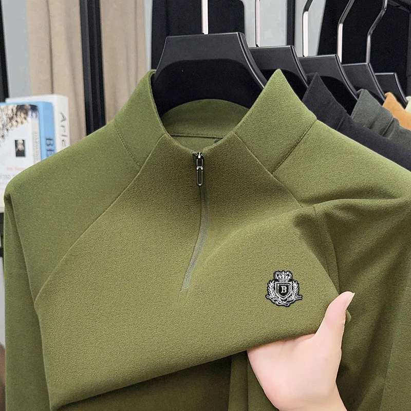 Men Long-Sleeved T-Shirt Mock Neck Half-Zip Double-Faced Velvet Fleece Exquisite Pattern Embroidery Autumn Winter Leisure Tops