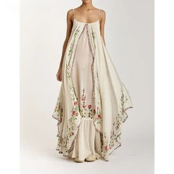 Printed Maxi Dress Women Big Swing Loose Print Stitching Strapless Spaghetti Strap Floor-Length Summer Dress