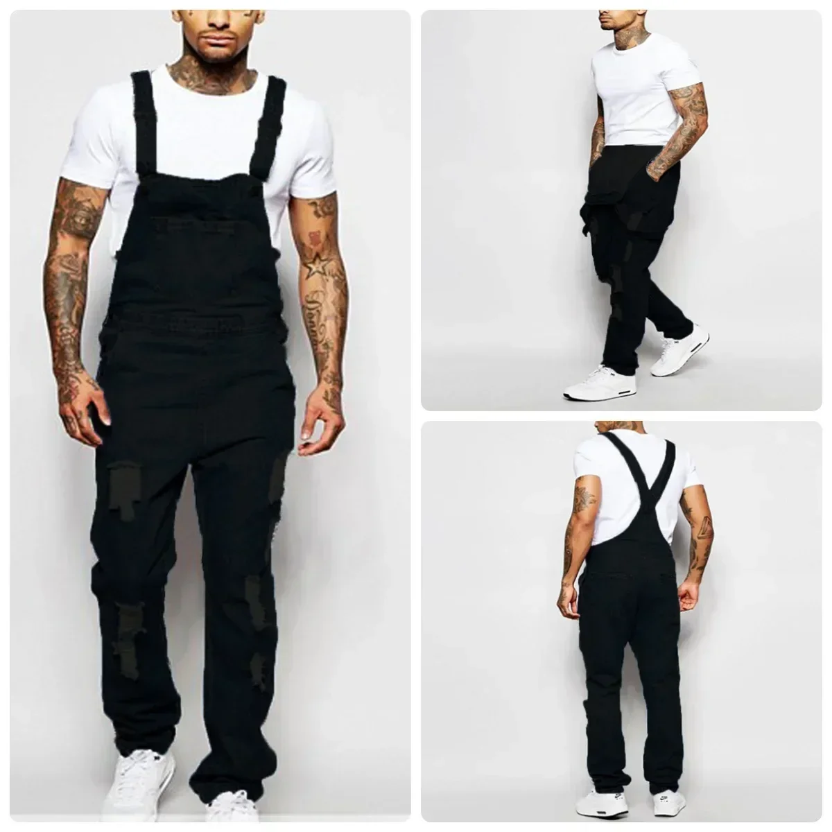 

Men Jeans Overalls Ankle Length Denim One Piece Pencil Pants Mid Waist Slim Fit Pockets Safari Jumpsuits Solid Washing Cargo
