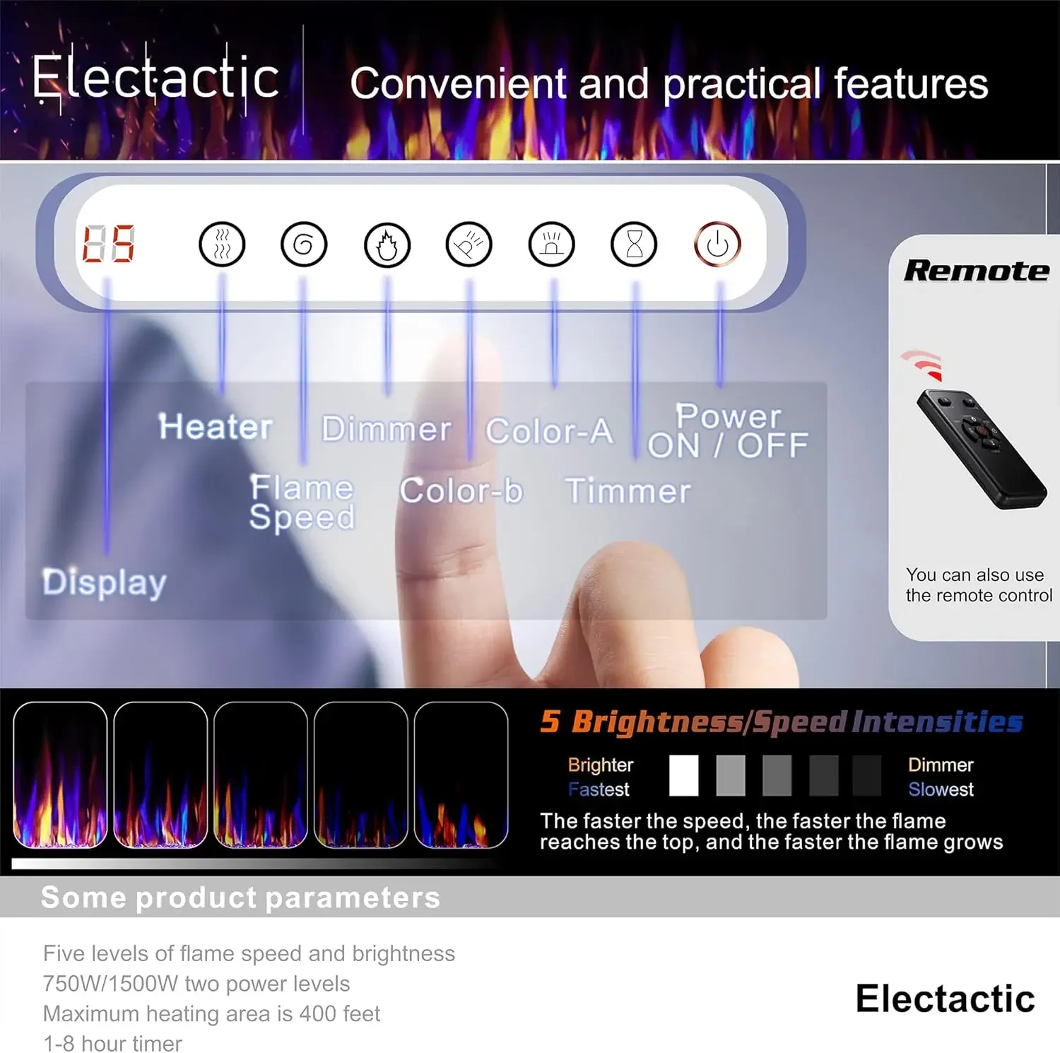 Camino elettrico da incasso e a parete, riscaldatore per caminetto e camino lineare, con timer, telecomando, fiamma regolabile