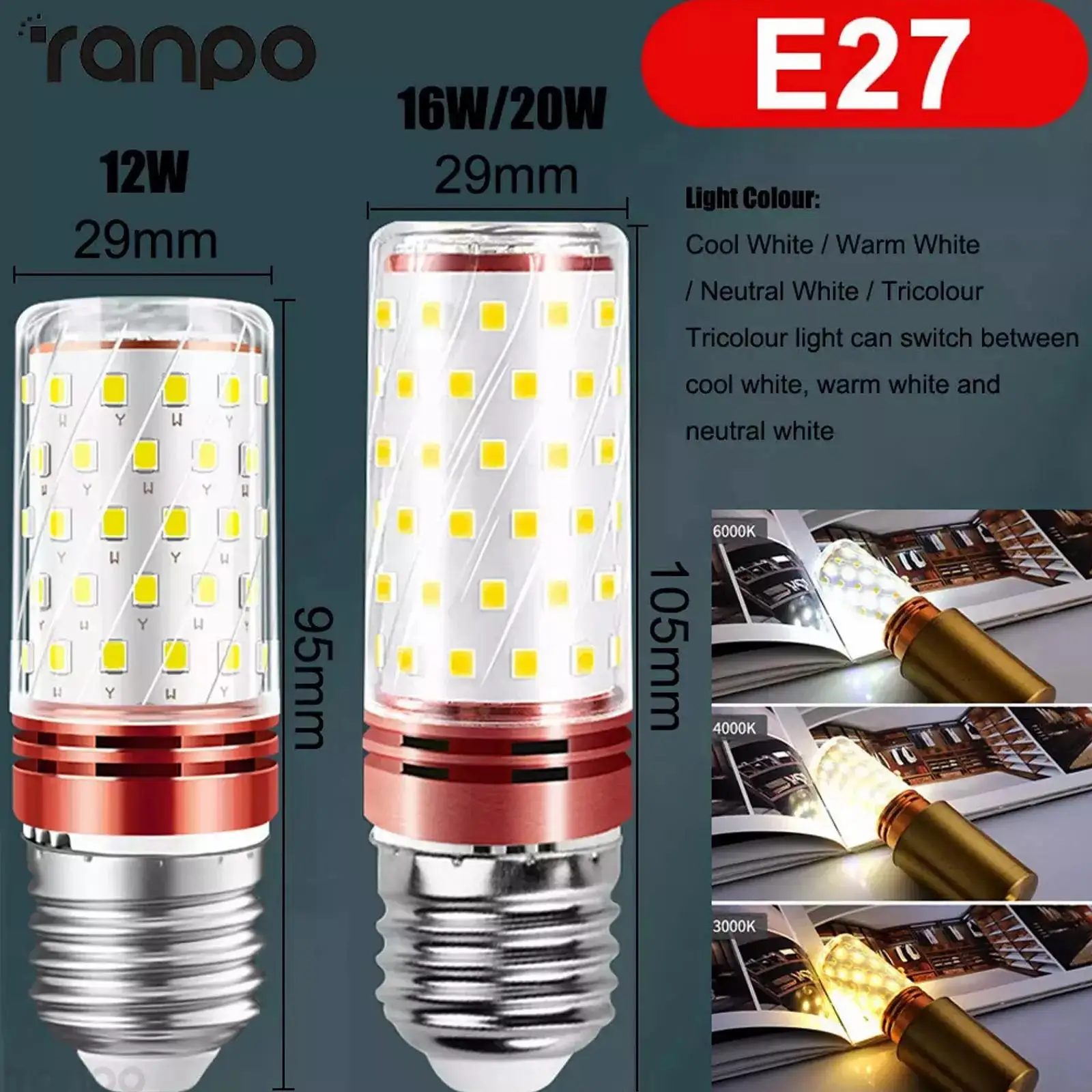 220V 20W LED Bulb E27/E14 Corn Lighting 2835 SMD Brightness Lamp 110-265V Home Replace Halogen White Light Tri-color Dimming image 5