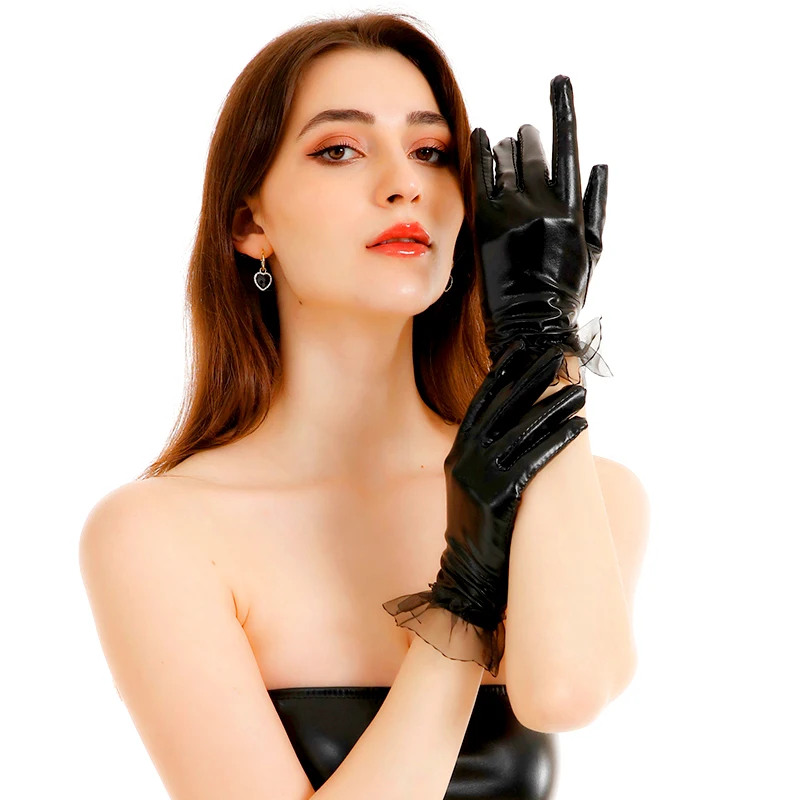 Sexy Black PU Leather Short Gloves for Women Gothic Halloween Lace Ruffled Full Finger Gloves Ladies Night Club Dance Mittens